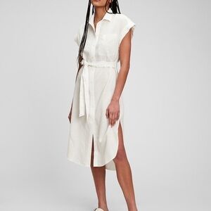 NWT Gap White Linen Cotton Side Slit Shirt Dress Belted Button Women’s Size M